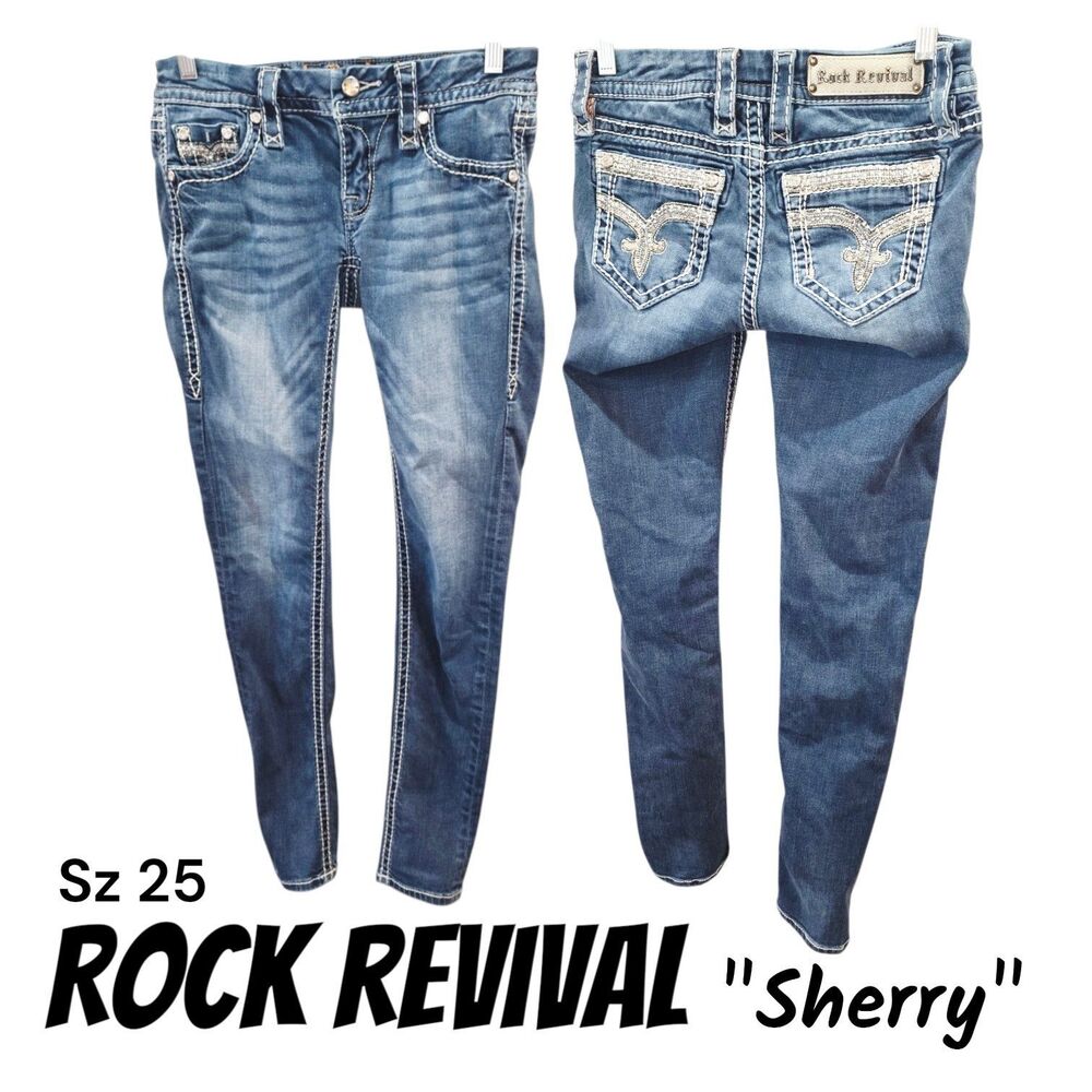 Rock Revival Sz 25 Sherry Rhinestone Embroidered Silver Tinsel Skinny Logo Jeans